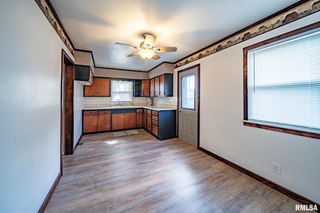 304 Meyers St, South Pekin, IL 61564 - kitchen with light countertops, a sink, ceiling fan, baseboards, and wood finished floors