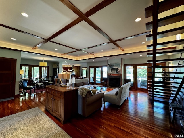 6 Marty Ln, Macomb, IL 61455 - living area with coffered ceiling, dark wood finished floors, and recessed lighting