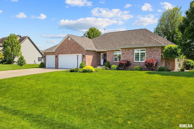view of front of property featuring a garage, brick siding, concrete driveway, and a front yard