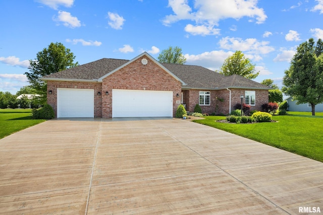 view of front of home with brick siding, a front lawn, concrete driveway, an attached garage, and roof with shingles