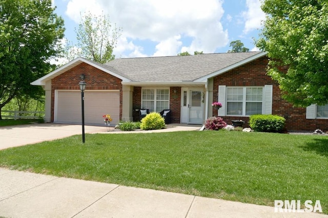 single story home featuring brick siding, an attached garage, driveway, and a shingled roof