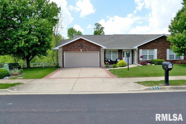 single story home with brick siding, a garage, concrete driveway, and a shingled roof