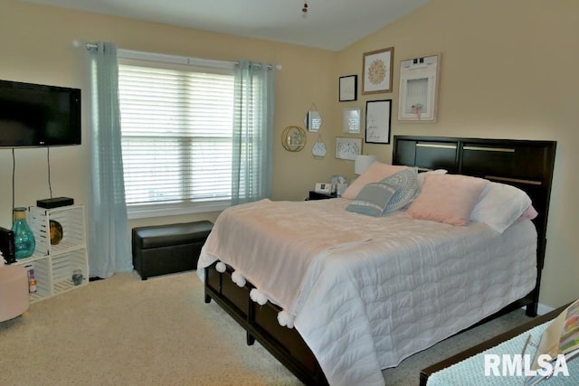 carpeted bedroom featuring lofted ceiling