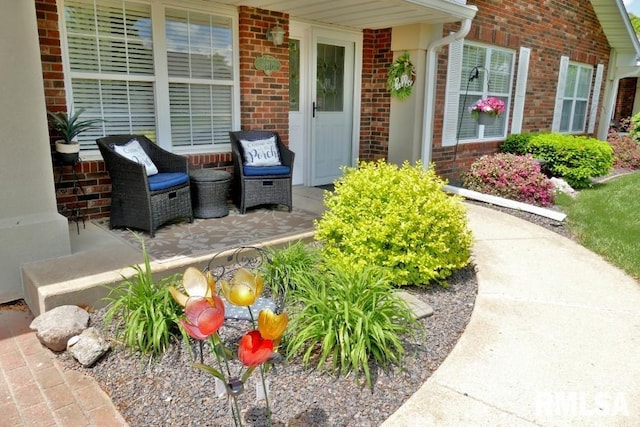 view of exterior entry featuring brick siding