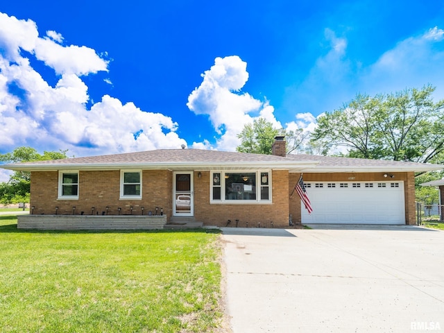 5816 N Cord Ct, Peoria Heights, IL 61616 - single story home with a chimney, a front yard, driveway, an attached garage, and brick siding