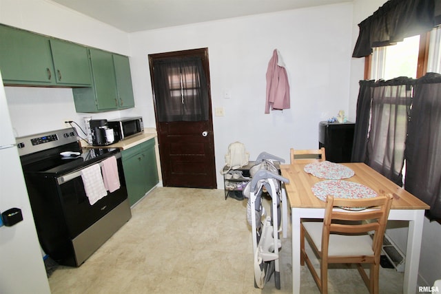 109 N 19th St, Pekin, IL 61554 - kitchen with green cabinetry, appliances with stainless steel finishes, and light countertops