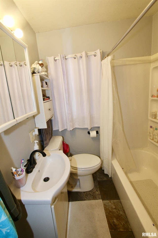 109 N 19th St, Pekin, IL 61554 - full bathroom featuring toilet, stone finish floors, shower / bath combination with curtain, and vanity