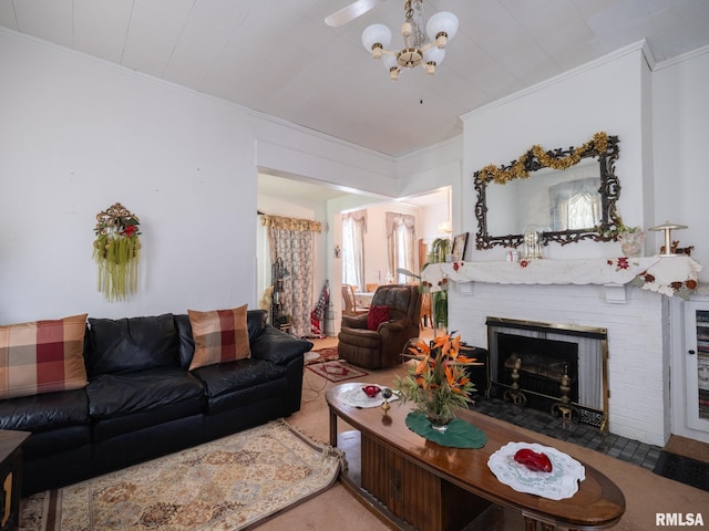 1218 N Sheridan Rd, Peoria, IL 61606 - living room featuring a chandelier, ornamental molding, and a fireplace