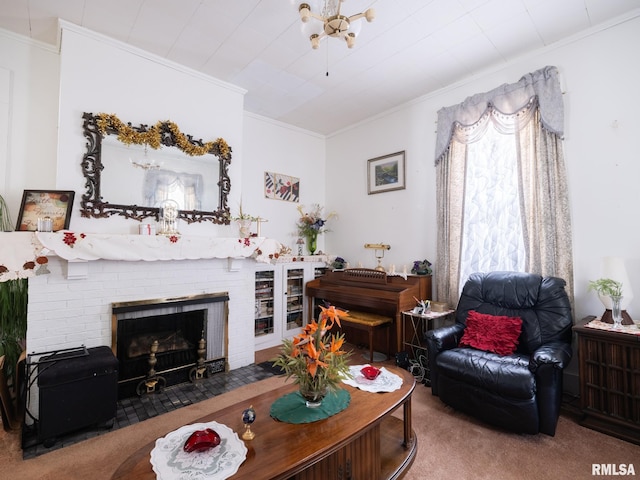 1218 N Sheridan Rd, Peoria, IL 61606 - living room with carpet flooring, ornamental molding, and a brick fireplace