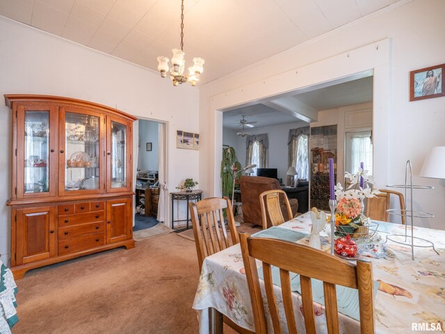 1218 N Sheridan Rd, Peoria, IL 61606 - dining space featuring a chandelier, light colored carpet, crown molding, and ceiling fan