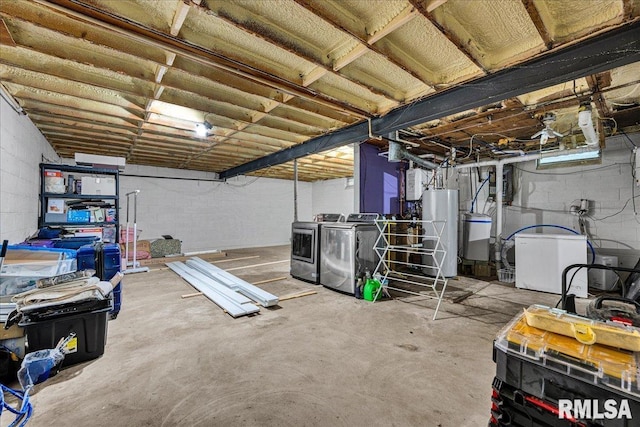 153 Spring Creek Ter, East Peoria, IL 61611 - unfinished basement with separate washer and dryer, gas water heater, concrete block wall, and refrigerator