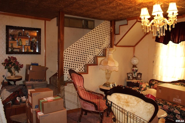 153 S Apple St, Farmington, IL 61531 - sitting room with stairway and a chandelier