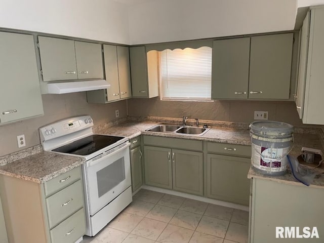 2405 N Sheridan Rd, Peoria, IL 61604 - kitchen featuring white range with electric stovetop, under cabinet range hood, a sink, and light countertops
