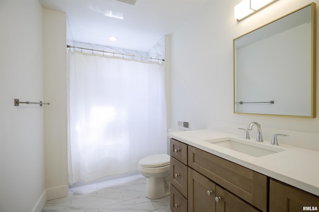 full bathroom featuring marble finish floors, toilet, vanity, baseboards, and a shower with curtain