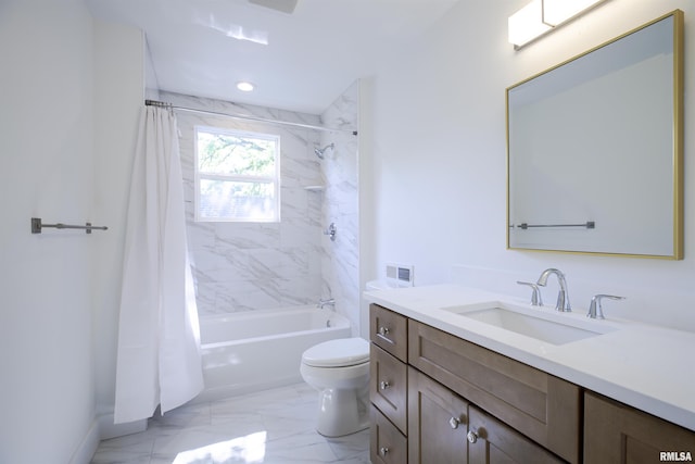 full bath with toilet, vanity, marble finish floors, shower / bath combo, and baseboards