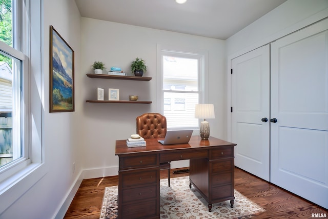 home office featuring healthy amount of natural light, dark wood finished floors, and baseboards