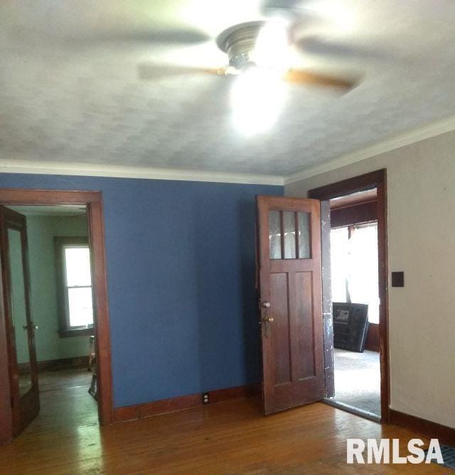 129 Pierson St, East Peoria, IL 61611 - unfurnished room featuring healthy amount of natural light, a ceiling fan, wood finished floors, baseboards, and ornamental molding