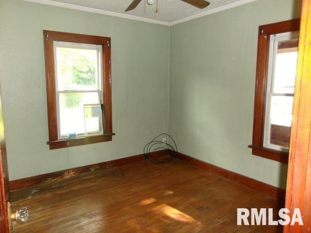 129 Pierson St, East Peoria, IL 61611 - empty room with ceiling fan, wood-type flooring, ornamental molding, and baseboards