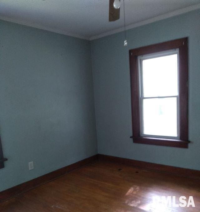 129 Pierson St, East Peoria, IL 61611 - spare room with crown molding, dark wood-type flooring, a ceiling fan, and baseboards