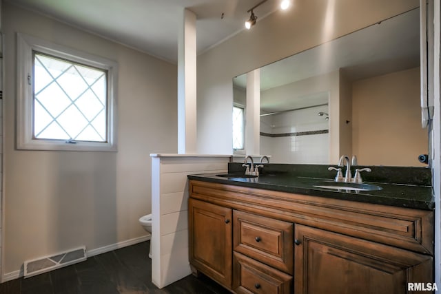 1529 W Richmar Rd, Peoria, IL 61615 - full bathroom with toilet, double vanity, baseboards, and a shower