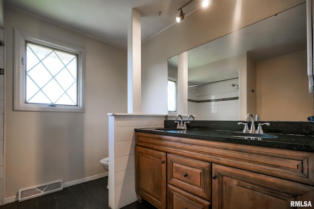 1529 W Richmar Rd, Peoria, IL 61615 - bathroom with toilet, a shower, double vanity, and baseboards