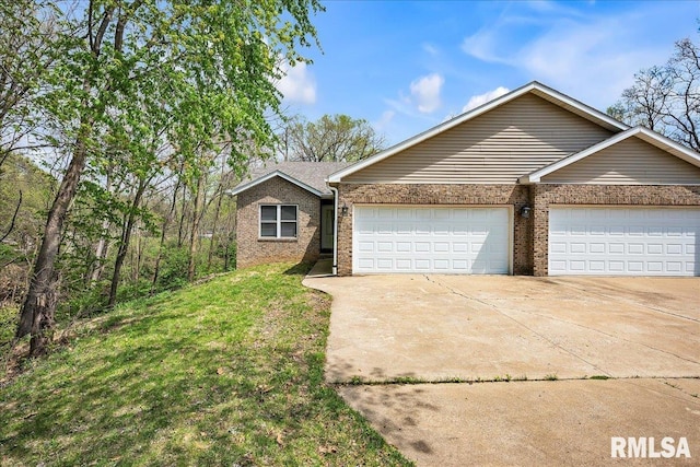 ranch-style house featuring an attached garage, driveway, brick siding, and a front yard