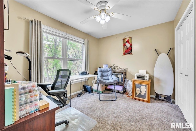 office space featuring carpet, ceiling fan, and baseboards