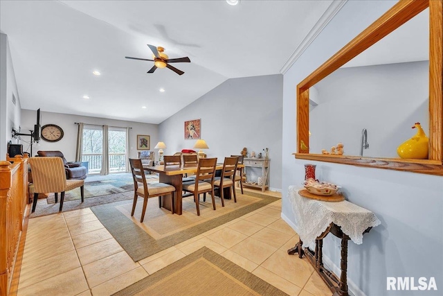dining area with a ceiling fan, tile patterned floors, vaulted ceiling, and recessed lighting