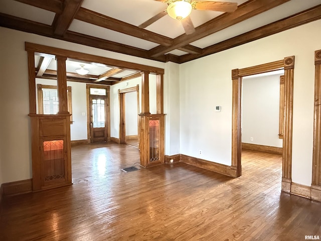 844 Walnut Rd, La Salle, IL 61354 - spare room featuring coffered ceiling, ceiling fan, wood finished floors, beamed ceiling, and baseboards