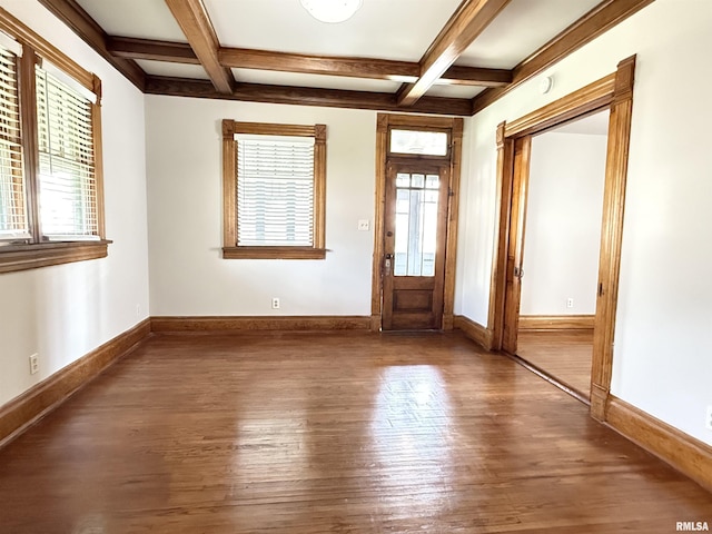 844 Walnut Rd, La Salle, IL 61354 - entrance foyer featuring wood finished floors, coffered ceiling, beam ceiling, and baseboards