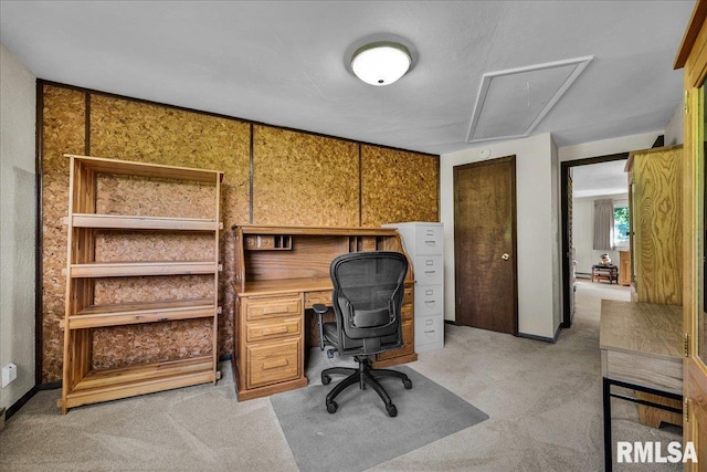 office featuring attic access and light carpet