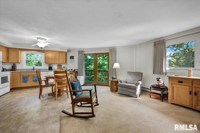 living area with a ceiling fan