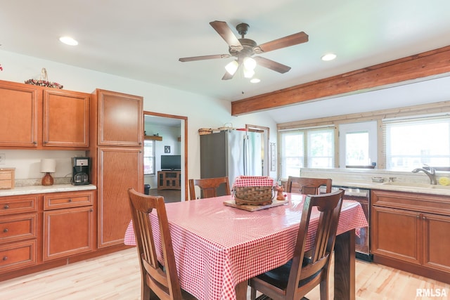 113 W Essex St, Glasford, IL 61533 - dining area featuring light wood-style floors, recessed lighting, beamed ceiling, and a ceiling fan