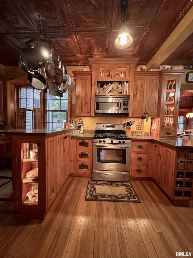 429 S Madison St, Macomb, IL 61455 - kitchen with appliances with stainless steel finishes, a peninsula, light wood-type flooring, an ornate ceiling, and dark countertops