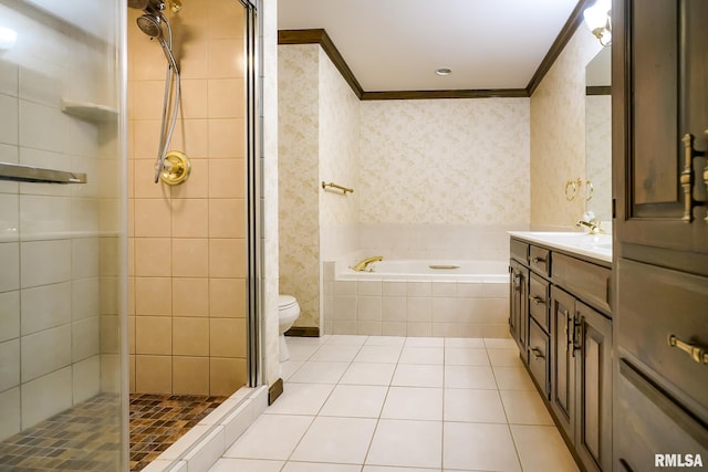 bathroom with tile patterned floors, a shower stall, a bath, crown molding, and vanity