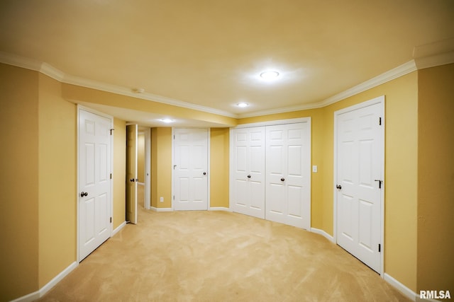unfurnished bedroom with crown molding, baseboards, light colored carpet, and recessed lighting