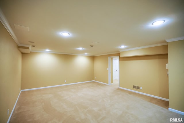 finished basement with recessed lighting, crown molding, baseboards, and light colored carpet