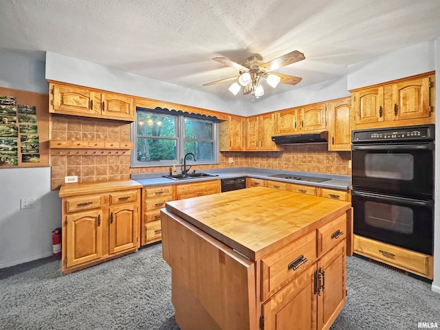 6006 N Big Hollow Rd, Peoria, IL 61615 - kitchen with a sink, wood counters, black appliances, light carpet, and a textured ceiling
