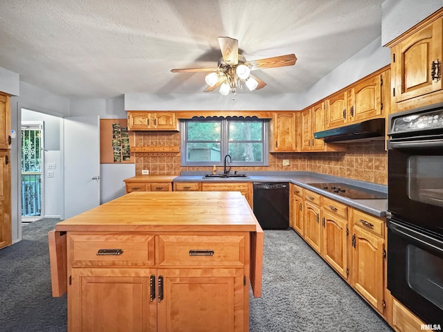 6006 N Big Hollow Rd, Peoria, IL 61615 - kitchen featuring black appliances, light carpet, a sink, under cabinet range hood, and ceiling fan