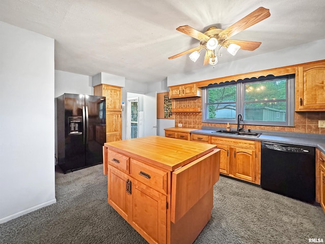 6006 N Big Hollow Rd, Peoria, IL 61615 - kitchen with black appliances, a sink, carpet flooring, wood counters, and tasteful backsplash