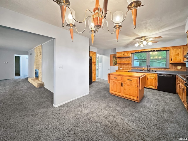 6006 N Big Hollow Rd, Peoria, IL 61615 - kitchen featuring black dishwasher, dark carpet, a sink, butcher block counters, and ceiling fan