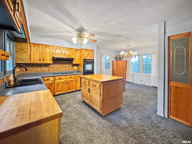 6006 N Big Hollow Rd, Peoria, IL 61615 - kitchen with wooden counters, black appliances, under cabinet range hood, dark carpet, and a sink