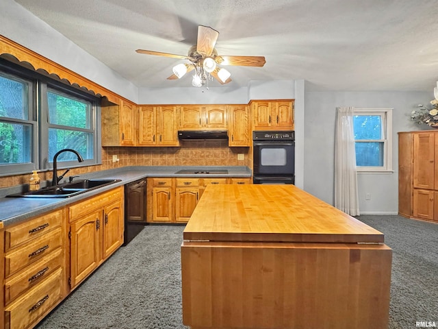 6006 N Big Hollow Rd, Peoria, IL 61615 - kitchen featuring butcher block countertops, dark carpet, under cabinet range hood, a sink, and black appliances