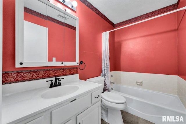 bathroom with a bath, toilet, vanity, a shower with shower curtain, and tile patterned floors