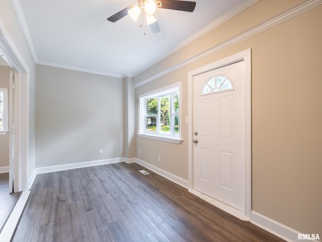 2205 N N St, Peoria, IL 61604 - entryway featuring dark wood-style flooring, ceiling fan, crown molding, and baseboards