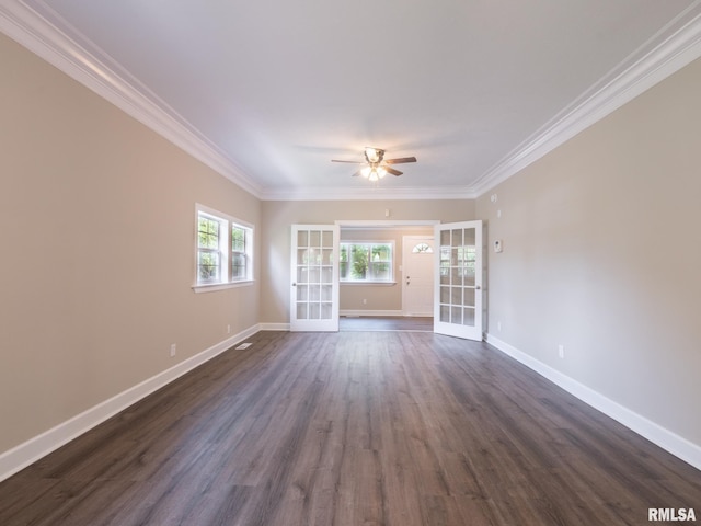 2205 N N St, Peoria, IL 61604 - empty room with a ceiling fan, ornamental molding, french doors, baseboards, and dark wood finished floors