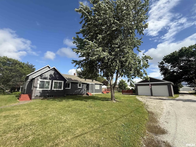 130 E Maple St, Roseville, IL 61473 - view of front of property featuring an outbuilding, a front lawn, a garage, and a chimney