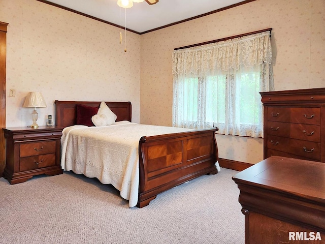 418 W Clinton St, Toulon, IL 61483 - carpeted bedroom with wallpapered walls, ornamental molding, and baseboards