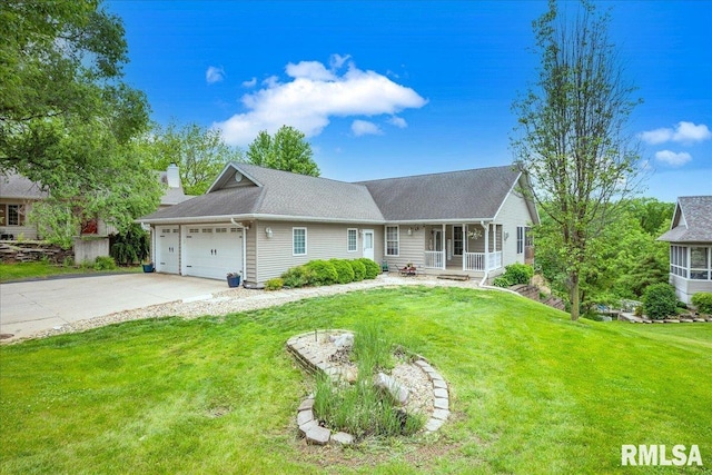 27 Oak Point Ct, Dahinda, IL 61428 - view of front of home with a porch, an attached garage, driveway, a front yard, and a chimney