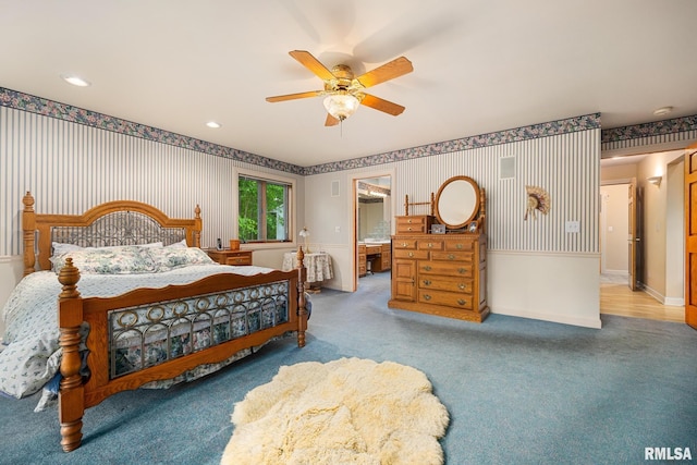 131 Lakeside Pl, Dahinda, IL 61428 - carpeted bedroom featuring wallpapered walls, baseboards, and a ceiling fan